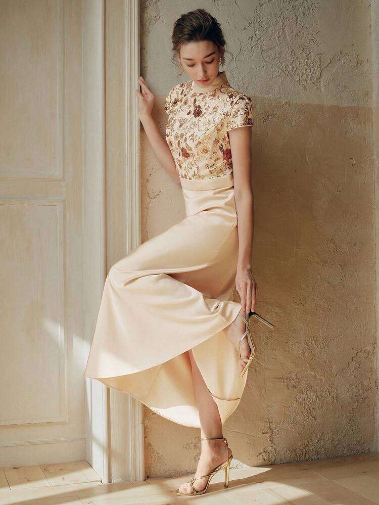 Women's Elegant Mid-Length Mermaid Skirt Dress, Embroidered Fabric Patchwork Satin Dress, Suitable For Festivals, Concerts Floral Applique Dress Brocade Jacquard Dress