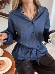 DAZY Women's Stand Collar Drawstring Tie Long Sleeve Casual Denim Jacket And Coat - Dark Wash - View 2