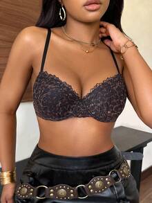 SHEIN 1件性感豹纹女士文胸，聚拢胸部内衣，动物图案文胸 - 黑色 - 查看 3