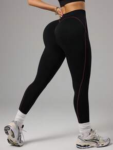 Slayform Leggings de sport sans couture, pantalon long style fermeture éclair, levage et mise en forme, collants de base de sport - Noir - Voir 4