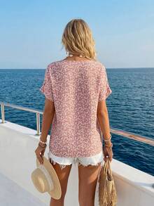 SHEIN LUNE 度假休闲浪漫粉色碎花蝙蝠袖女式衬衫 - 粉色 - 查看 2
