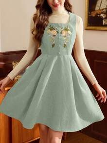 Vintamour Đầm nữ cổ điển thanh lịch có túi, chất liệu nhung kẻ, thêu hoa, cài nút, trang phục thường ngày cho mùa thu, trang phục mùa thu cho nữ, trang phục mùa thu cho nữ, đầm mùa thu cho nữ, đầm mùa đông cho nữ, quần áo mùa đông cho nữ, trang phục mùa đông cho nữ, trang phục Giáng sinh cho nữ, quần áo Giáng sinh cho nữ, trang phục Giáng sinh cho nữ, đầm dự tiệc Giáng sinh, đầm Giáng sinh màu nâu, đầm thanh lịch cho nữ, đầm thanh lịch cho nữ. - Màu xanh Bạc hà - Xem 8