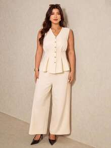 Elaquor Completo da donna taglie forti con top a peplum senza maniche con scollo a V e bottoni a forma di stella marina e pantaloni a zampa, casual, da lavoro, per vacanze, primavera/estate - Bianco - Visualizzare 5