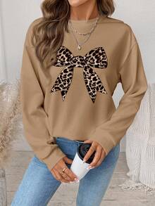 SHEIN LUNE Women's Casual Leopard Print Bow Graphic Round Neck Loose Fit Long Sleeve Sweatshirt - Multicolor - View 4