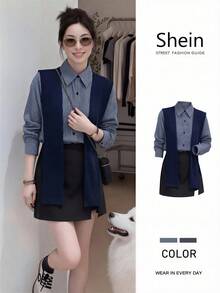 Almamuse Women's Fashionable Plaid Long Sleeve Shirt + Shawl Collar Cardigan Paired With Versatile Split Hem Shorts Skirt 2 Pieces Set, Stylish Autumn Outfit - Multicolor - View 1