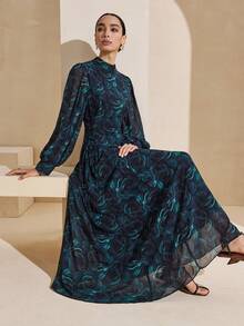 Graceveil 女士优雅修身印花高领侧系腰雪纺连衣裙，适合外出、约会和晚间活动 - 墨綠色 - 查看 8