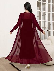 Modelyn Bộ 2 món gồm áo khoác lưới dài tay màu trơn và váy hai dây đuôi cá cho nữ, thích hợp cho mùa thu. - Màu Đỏ Sâu - Xem 2