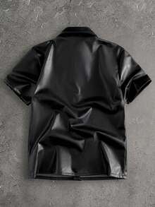 Manfinity VCAY Men's Casual Solid Color Short Sleeve Shirt, Summer Men's Short Sleeve Shirt Men's Leather Shirt Gothic Button Up Shirt Men's Faux Leather Shirt Men's Black Shirt - Black - View 6