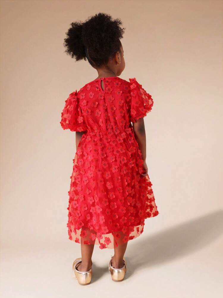 Red 3D Floral Applique Puff Sleeve Dress