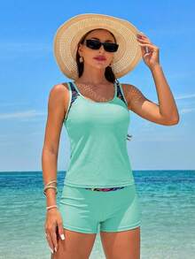 Swim Lushoire Women's Summer Beach Tropical Plant Print Patchwork Tankini Swimsuit Set - Mint Green - View 4