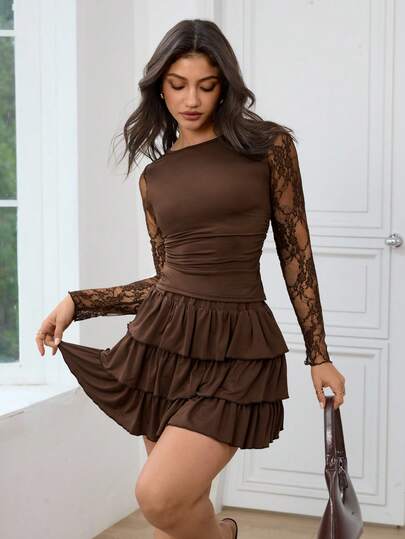 Aidyla 时尚优雅蕾丝拼接褶皱修身衬衫