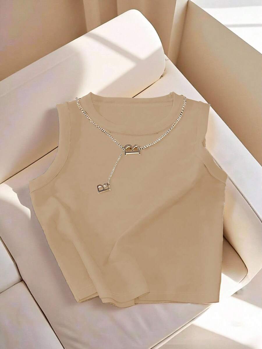 Resyla 女士卡其色圆领休闲百搭背心 - 卡其色 - 查看 1