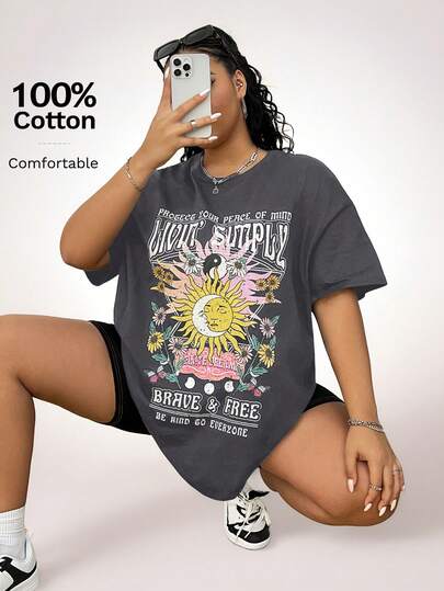 Coolane Plus Size Women Fashionable Short Sleeve T-Shirt With Sun And Moon Print PROTECT YOUR PEACE OF MIND LIVE SIMPLY INFINITE DREAMS BRAVE FREE BE RIND GO EVERYONE For Summer