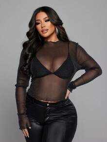 SHEIN Tall CURVE 大码纯色透视性感高领长袖女式衬衫 - 黑色 - 查看 3