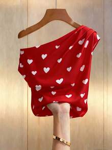 Rafferiza Women's Chic Red Heart Print Off-The-Shoulder Short-Sleeved Blouse,Summer Red And White Gathered Top For Party,Vacation,Valentine's Day & Casual Wear - Red - View 2