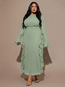 SHEIN BAE Gaun Maxi Wanita Ukuran Besar Warna Cokelat Lengan Panjang Bahan Chiffon dengan Ruffle dan Lengan Mengembang - Mint Green - View 3
