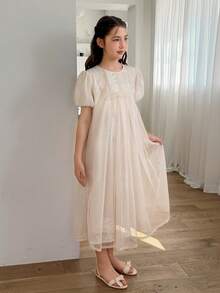 Dazy Kids Tween Girls' Summer Casual Vacation Style Embroidered Mesh Puff Sleeve Loose Dress - Beige - View 3