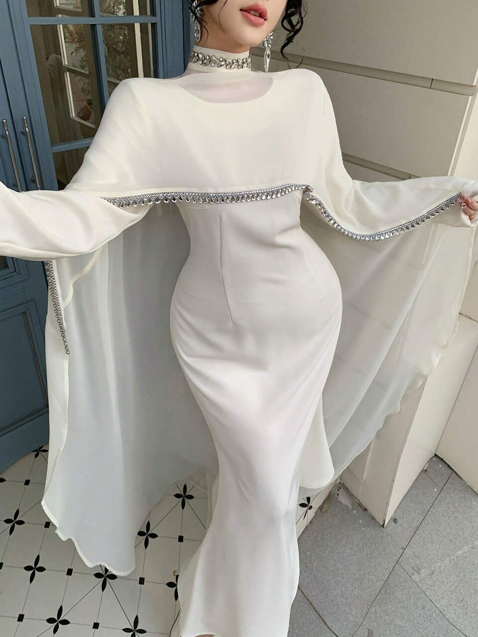Women's Elegant Long Dress With Beaded Shawl Collar Design Sundress