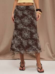 SHEIN BAE Women's Brown Embroidered Low Waist Skirt, Suitable For Beach Holidays And Daily Outings, Spring/Summer - Brown - View 5