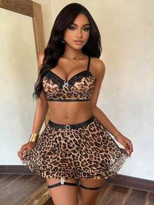 5pcs/Set Women's Sexy Lace Patchwork Mesh Leopard Print Lingerie Set - Multicolor - View 3