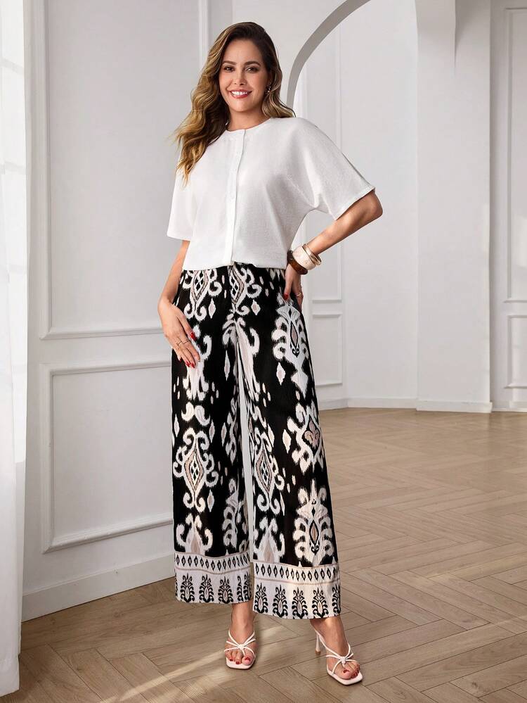Elegant Casual Two-Piece Set For Women – White Buttoned Blouse & Black Graphic Print Wide Leg Pants, Perfect For Summer & Spring, Ideal For Vacation, Beach, Going Out, Casual Daily Wear, And Festival Occasions,Summer Outfits For Women