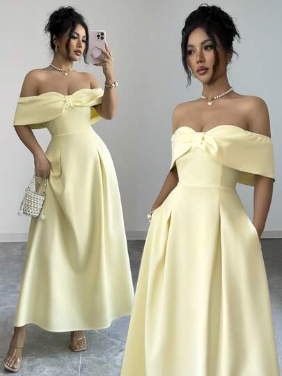 Elenzga Vestido maxi elegante y casual para ir al trabajo, vacaciones, tarde de té, San Valentín, boda y fiesta, de color amarillo claro sólido, con lazo, hombros descubiertos, cintura, línea A, dobladillo de paraguas y bolsillos, para primavera/verano