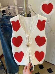SHEIN Franclia 早春新款浪漫情人节可爱爱心图案休闲V领系带女士针织背心 - 彩色 - 查看 7