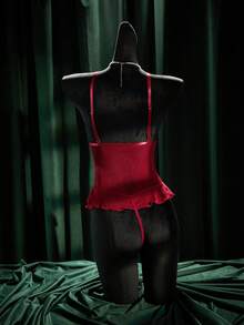 SpicyHot Valentine's Day Sexy Lace Patchwork Hollow Out Ruffle Trim Jumpsuit - Burgundy - View 2