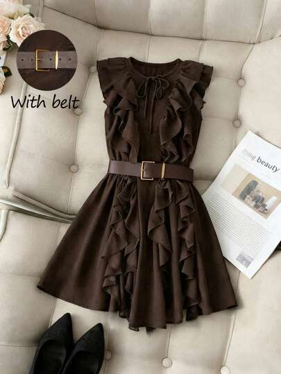 Franclia Brun volangklänning för avslappnad strandsemester, romantisk retro bohemisk klänning, lämplig för vardag, pendling, affärer, examenssäsong, vår-/sommarmiddagsdejt, enfärgad miniklänning (med skärp)