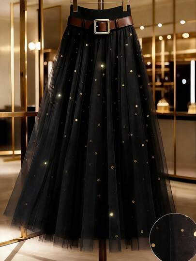 GlowEve 女士优雅薄纱亮片A字裙，百搭风格，适合日常通勤、法式街头风、复古风、派对、圣诞节、新年、商务场合，棕色渐变，春、夏、秋、冬四季皆宜。