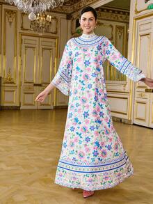 LOTSLUV Robe longue ample à imprimé, col montant, manches évasées, pour vacances, élégante - Multicolore - Voir 4