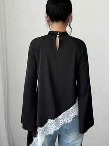 SHEIN Elenzya Standard Size Black Asymmetric Hem Long Sleeve Contrast Lace Blouse - Black - View 2