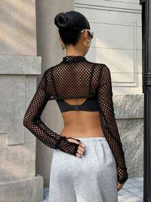 Muchica Black Sheer Fishnet Mock Neck Cropped Tight Top - Black - View 2