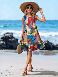 Sylviya 女士休闲度假热带印花无袖连衣裙 夏季假日 - 彩色 - 查看 3