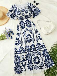 Trelyra Vestido largo con cuello cuadrado, mangas con volantes y estampado para mujeres - Azul - Ver 4