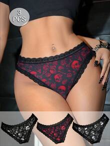 3pcs Women's Dark Skull & Rose Hell Style Thong Panties - Multicolor - View 3