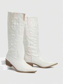 Daringsoles 女士性感休闲西部靴 套穿尖头粗跟节日皮革PU刺绣手工女靴 白色靴子 - 白色 - 查看 2