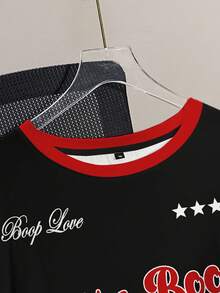Betty Boop x SHEIN Plus Size Women's Casual Fashionable Street Chic Daily Commute Cartoon Letter & Number Print Striped Contrast Color Short Sleeve T-Shirt - White - View 3