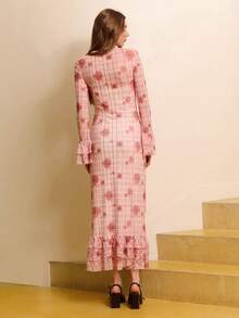 lacRébo Elegant Ruffled Maxi Dress With Floral Checks Spring New Year Spring Spring Dress Date Night Dress Going Out Dress French Style Parisian Style - Pink - View 2