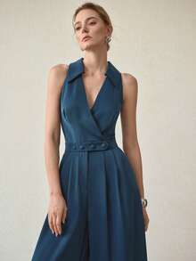 MOTF PREMIUM ELEGANT MINIMALIST WIDE LEG JUMPSUIT, SUITABLE FOR COMMUTING, SPRING/SUMMER - Teal Blue - View 4