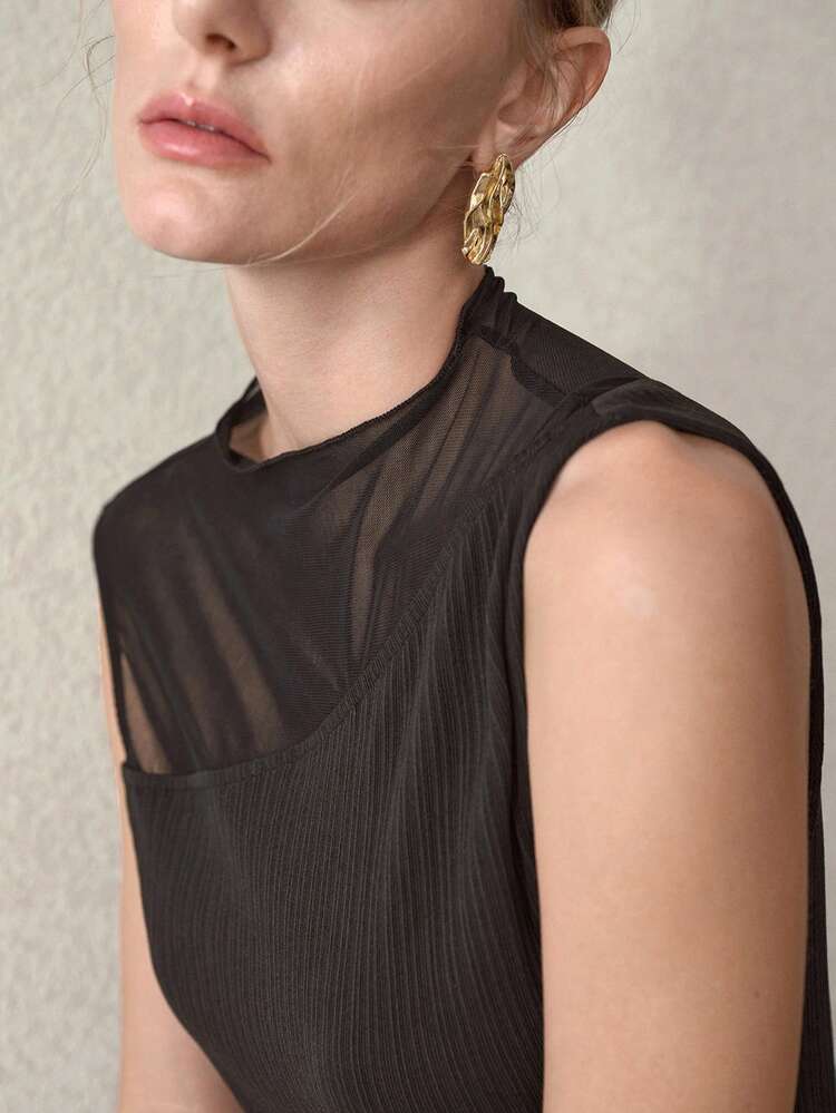 ELEGANT CONTRAST MESH SLIM FIT T-SHIRT, SPRING/SUMMER