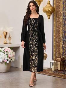 Al Najma 黑色花卉刺绣方领阿拉伯风格女式连衣裙 - 黑色 - 查看 5