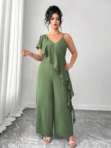 Elenzga 夏季新款百搭荷叶边女士连体裤，时尚优雅，适合度假穿着 - 軍綠色 - 查看 6