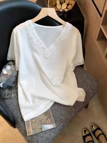 GlowEve CURVE Plus Size Women Lace Patchwork V-Neck Short Sleeve T-Shirt, Casual Commuter Everyday Versatile Top, Summer - White - View 1
