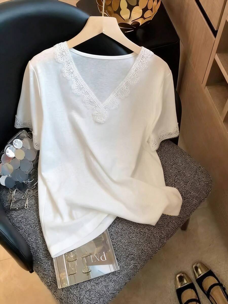 GlowEve CURVE Plus Size Women Lace Patchwork V-Neck Short Sleeve T-Shirt, Casual Commuter Everyday Versatile Top, Summer - White - View 1