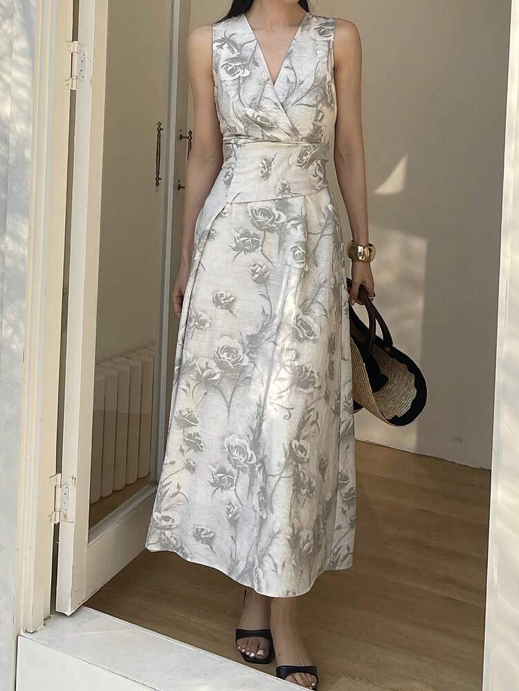 Women's Floral Print V-Neck Sleeveless Cinched Waist Midi Dress, Vacation Style Sundress Summer