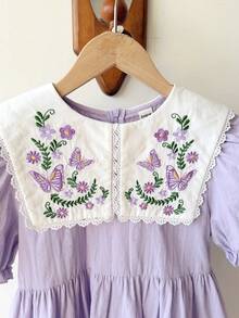 SHEIN 少女寬鬆休閒花瓣袖花卉刺繡中長洋裝 - 淡紫色 - 查看 5
