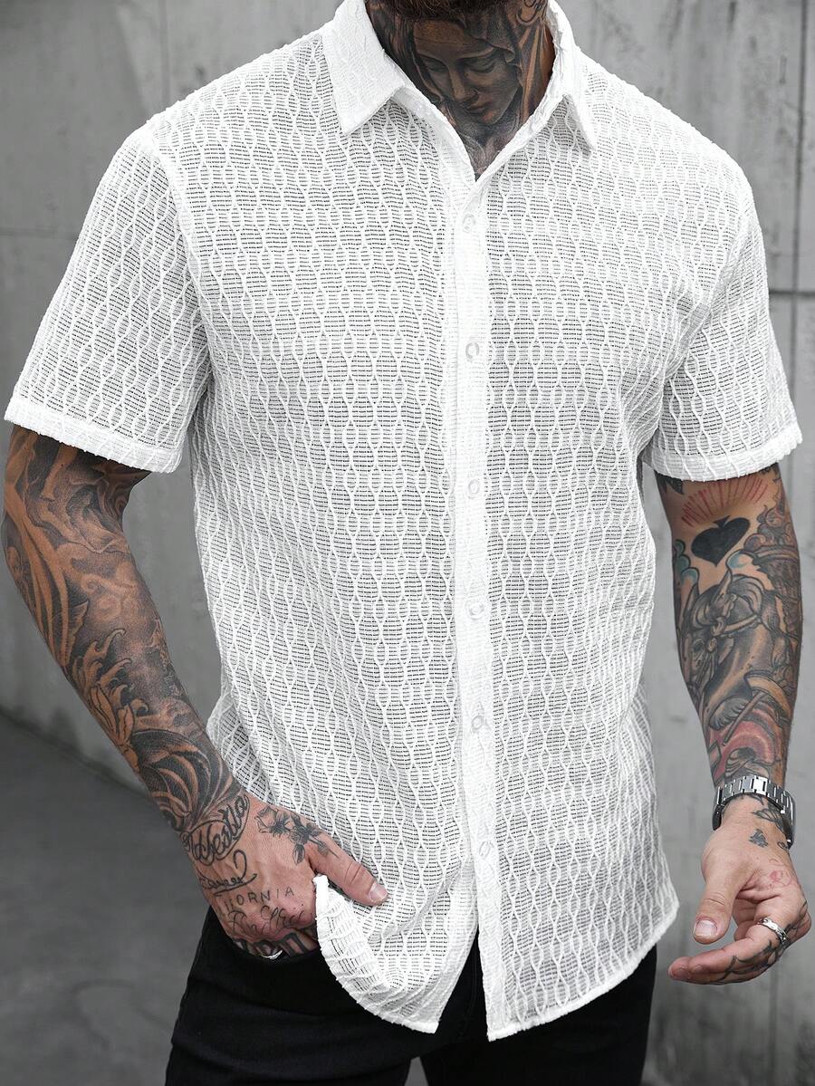 Manfinity Homme Men's Solid Color Single-Breasted Casual/Business Short Sleeve Shirt - White - View 1
