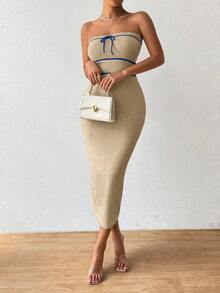 Pariaura Women's Autumn/Winter Strapless Knit Sexy Dress, High-Quality Vacation Style Long Dress - Khaki - View 5