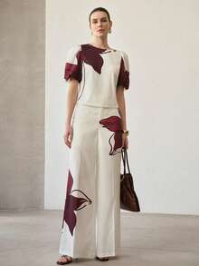 MOTF PREMIUM WOMEN ASYMMETRIC FLORAL PRINT SHORT SLEEVE TOP AND PANTS 2 PIECES SET - Apricot - View 6